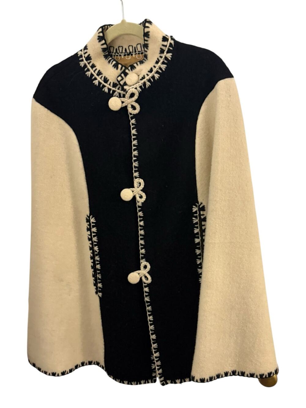Vintage Heavy Wool Cape Coat Black & Cream Embroidered NO TAGS Boho Folk Nordic
